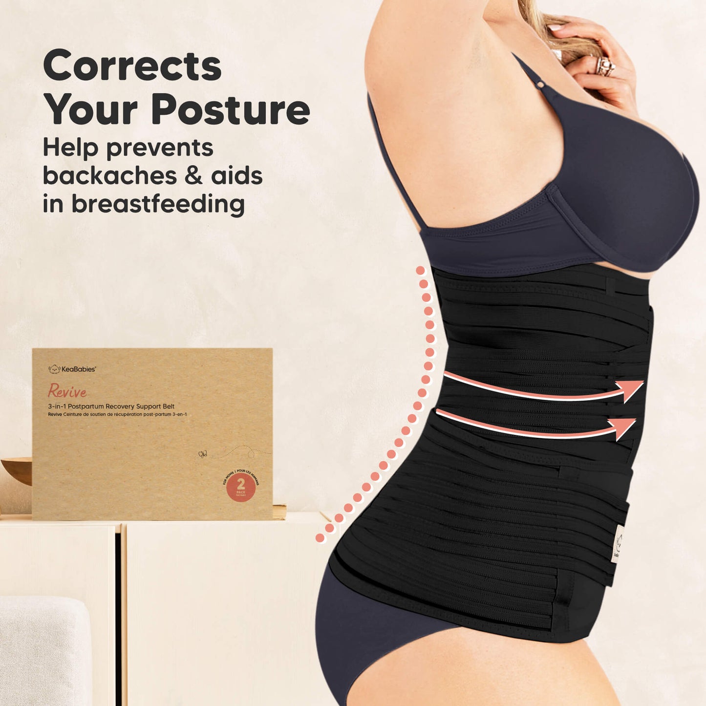 Woman wearing a black posture corrector with text highlighting its benefits on a beige background. 31316950515898