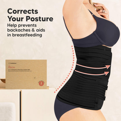 Woman wearing a black posture corrector with text highlighting its benefits on a beige background. 31316950515898