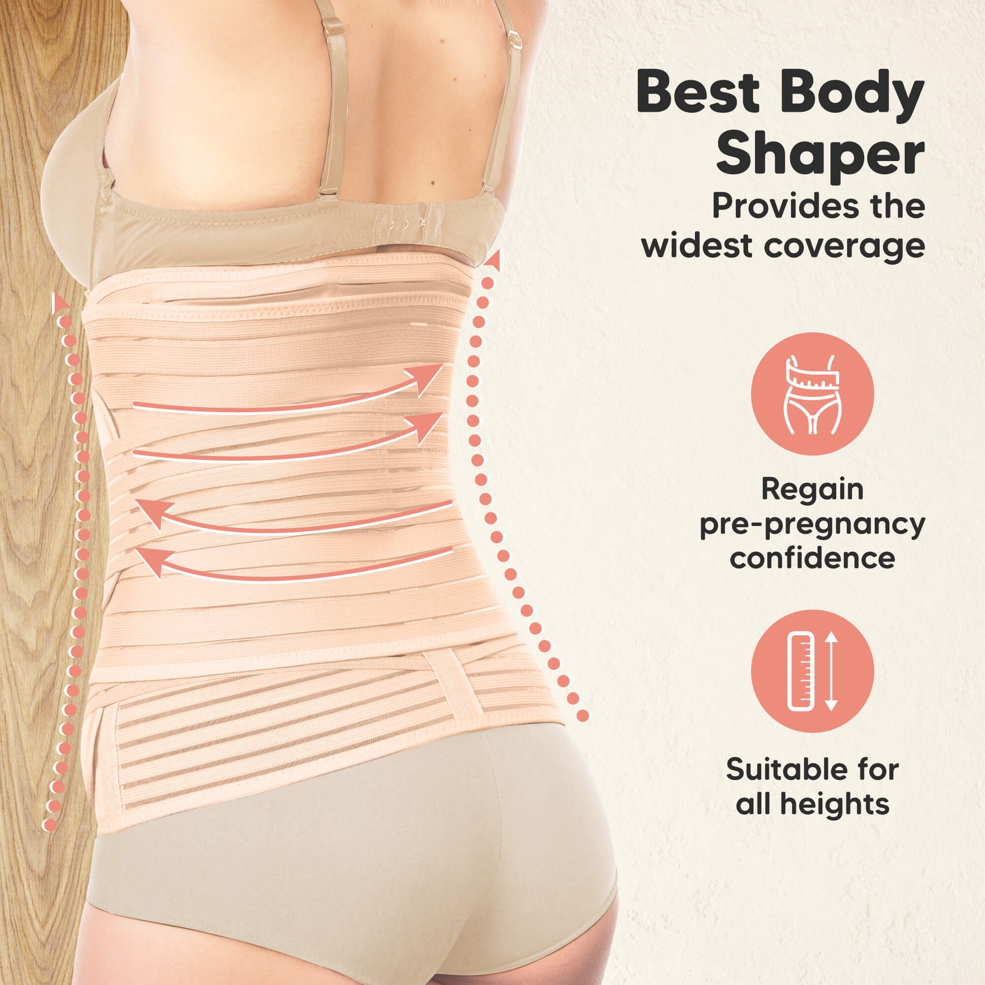 Body shaper worn by a person with text highlighting its features on a light background 31316950909114