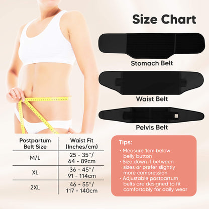 Size chart for postpartum belts with measurements and a woman measuring her waist. 31316950450362
