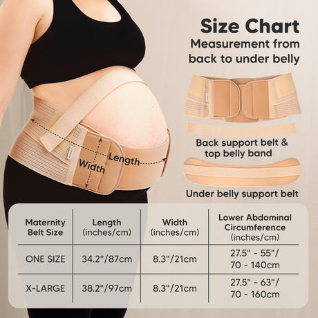 Size Chart
Measurement from back to under belly

Back support belt & top belly band
Under belly support belt
Maternity Belt Size	

Table

Maternity Belt Size | Length (inches/cm) | Width (inches/cm) | Lower Abdominal Circumference (inches/cm)

ONE SIZE
34.2" / 87cm
8.3" / 21cm
27.5" – 55" / 70 – 140cm

X-LARGE
38.2" / 97cm
8.3" / 21cm
27.5" – 63" / 70 – 160cm