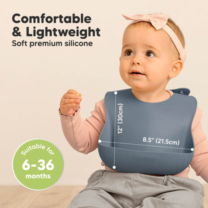 Comfortable and Lightweight soft silicone bib sized 12" x 8.5" suitable for babies 6–36 months.
 25801472671930