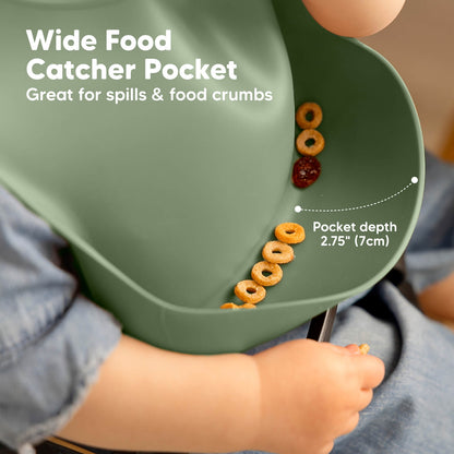 Silicone bib with a wide food catcher pocket featuring a 2.75" deep spill-catching design.
 25801472704698