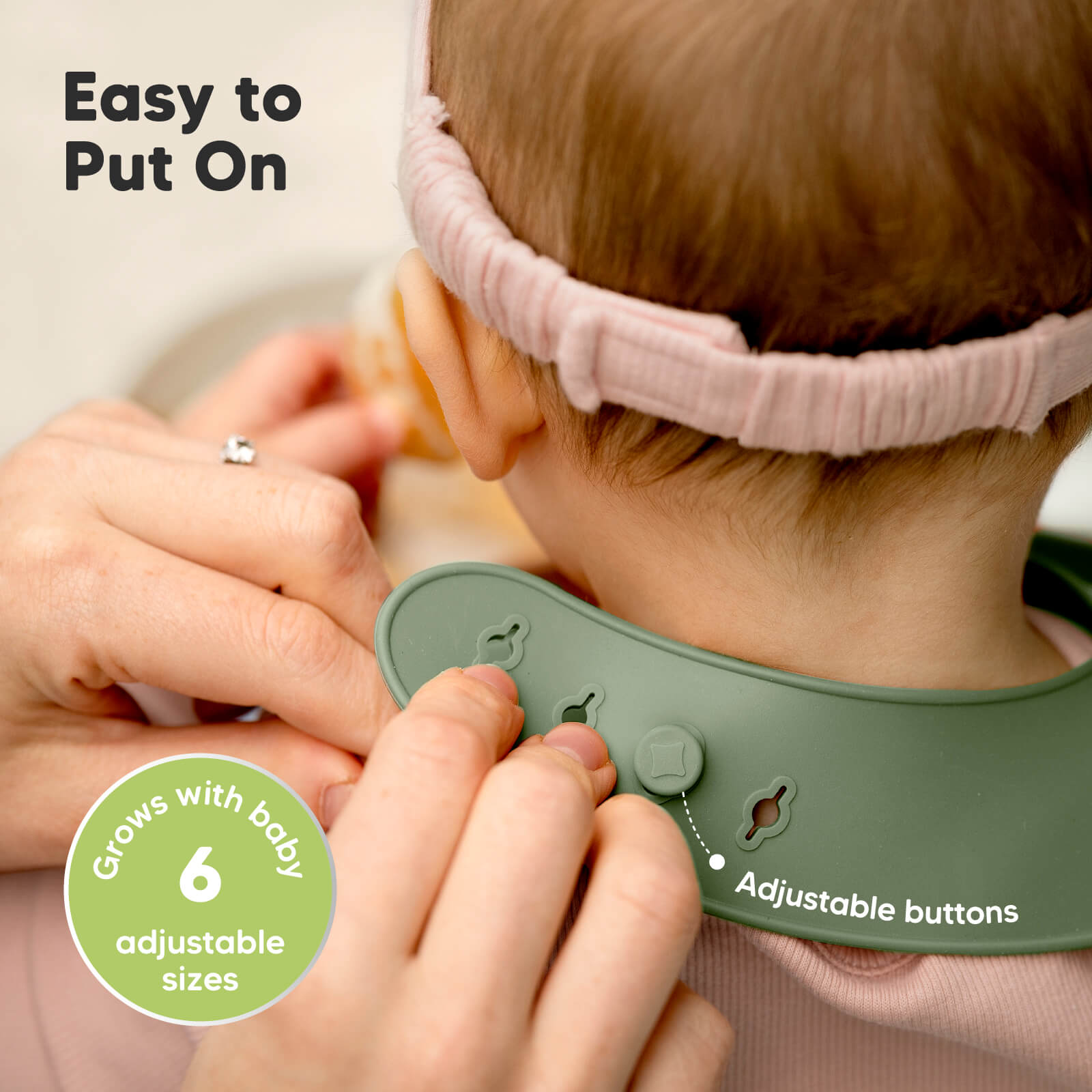 Easy to put on and Adjustable silicone bib with 6 size settings that grows with baby.
 25801472737466