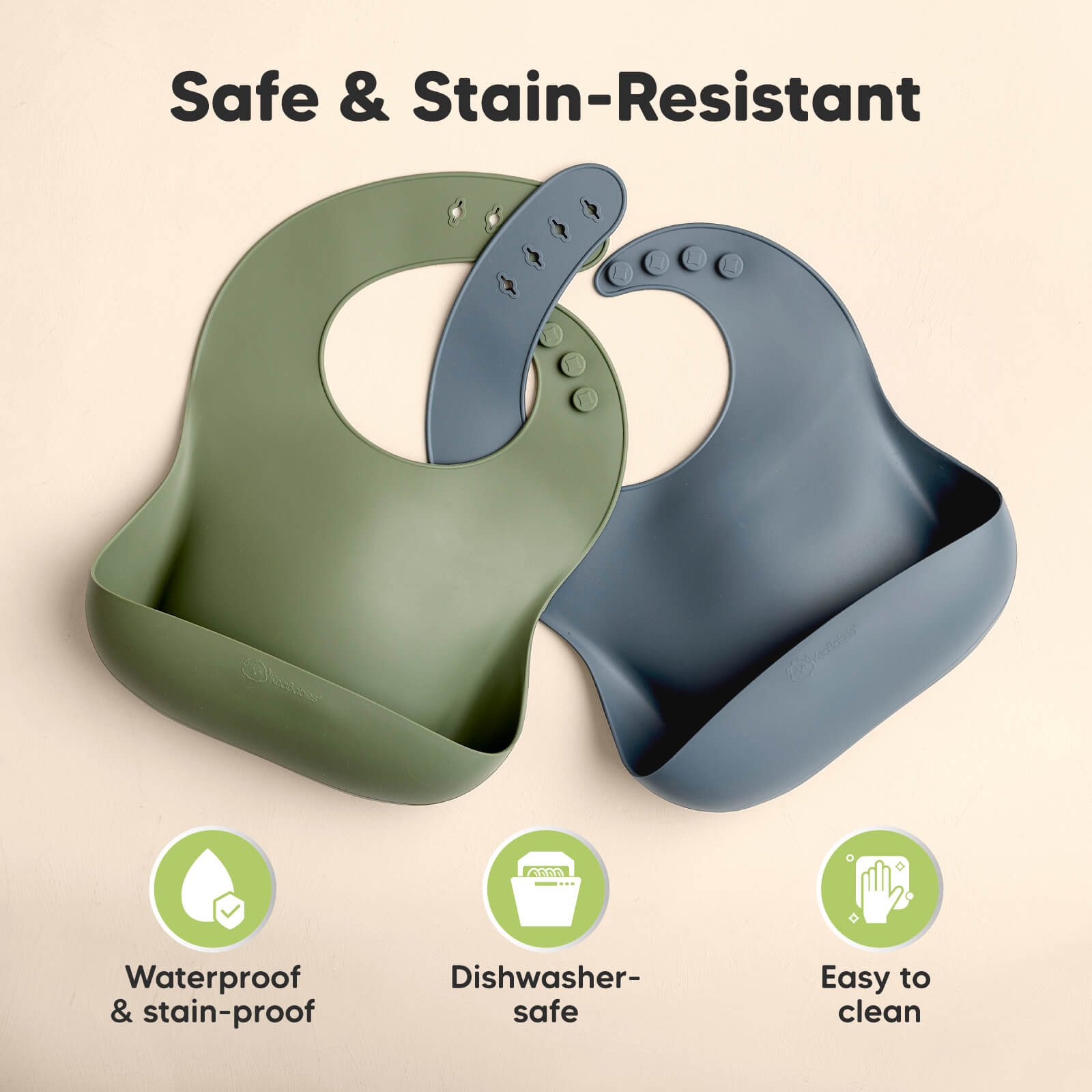 Waterproof stain-resistant silicone bib that is dishwasher safe and easy to clean.
 25801472770234