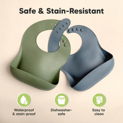 Waterproof stain-resistant silicone bib that is dishwasher safe and easy to clean.
 25801472770234