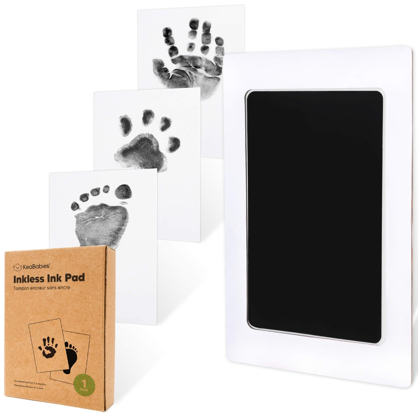 Inkless baby handprint and footprint kit with black ink pad, sample prints, and kraft packaging 25857292533946