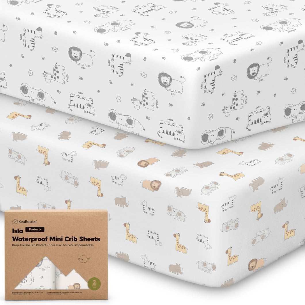 2-Pack Isla [Protect+] Waterproof Mini Crib Sheets (KeaSafari)