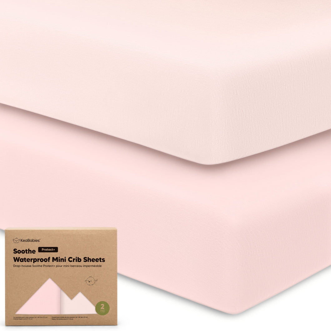 2-Pack Soothe [Protect+] Waterproof Mini Crib Sheets (Mist Rose)