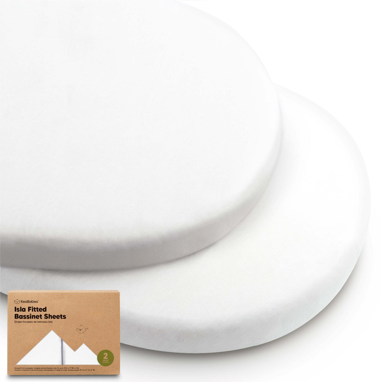 Two plain white oval bassinet fitted sheets stacked together with product packaging. 29635950575802