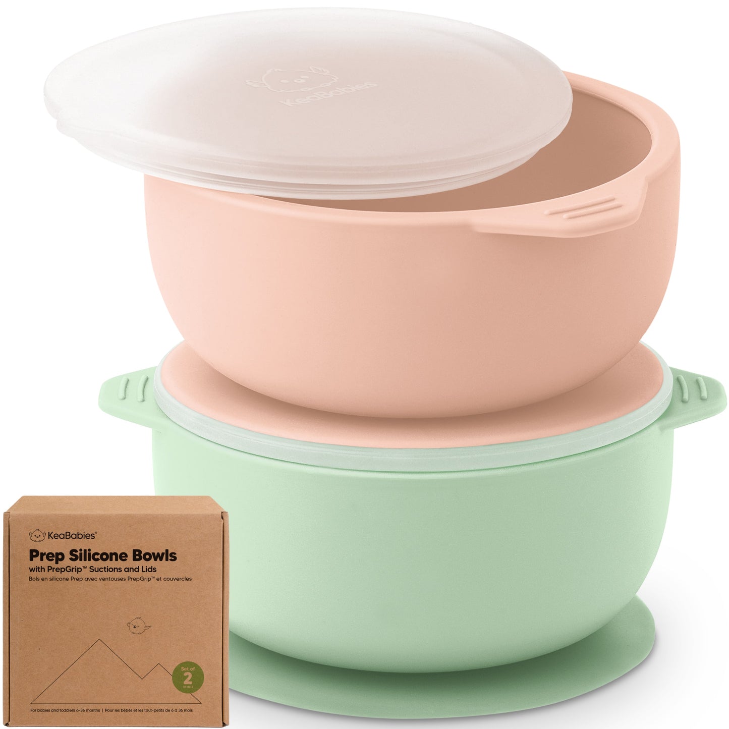 Prep silicone bowls with lids are a set of 2 food-grade, baby-safe bowls with suction bases.
 27817722380474