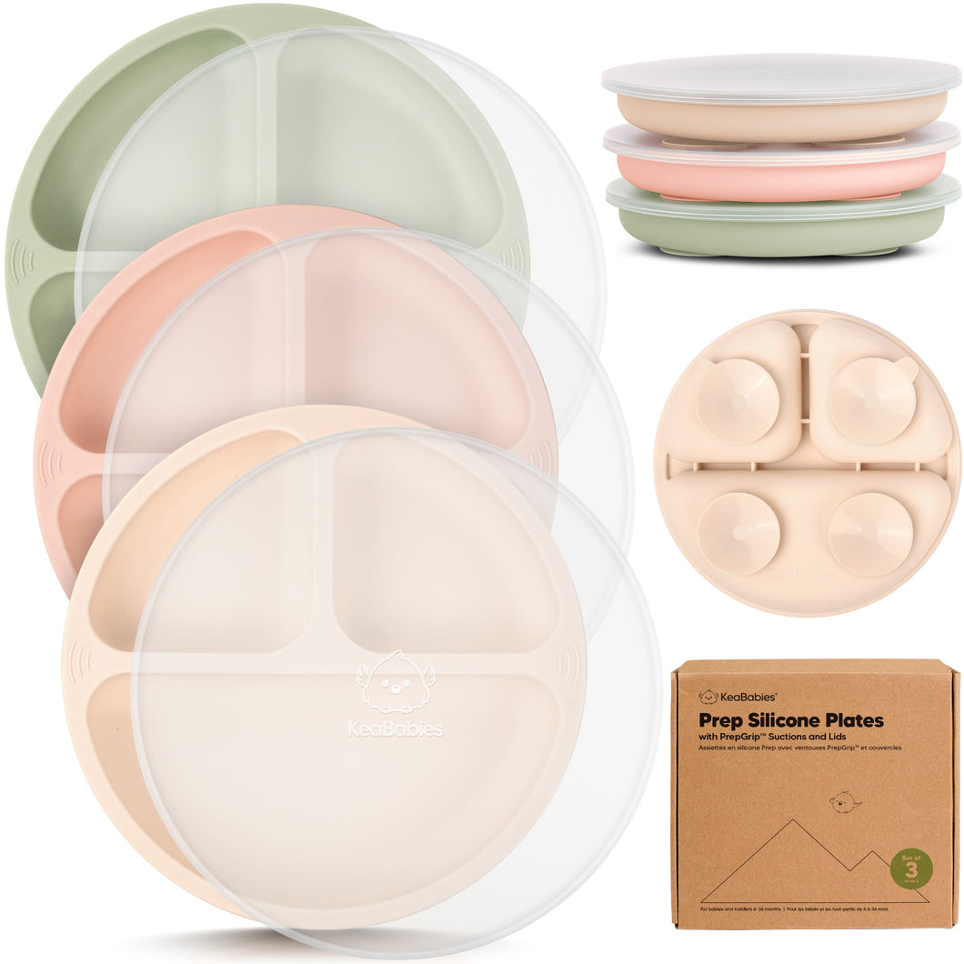 3-Pack Prep Silicone Suction Plates with Lids (Macaron)