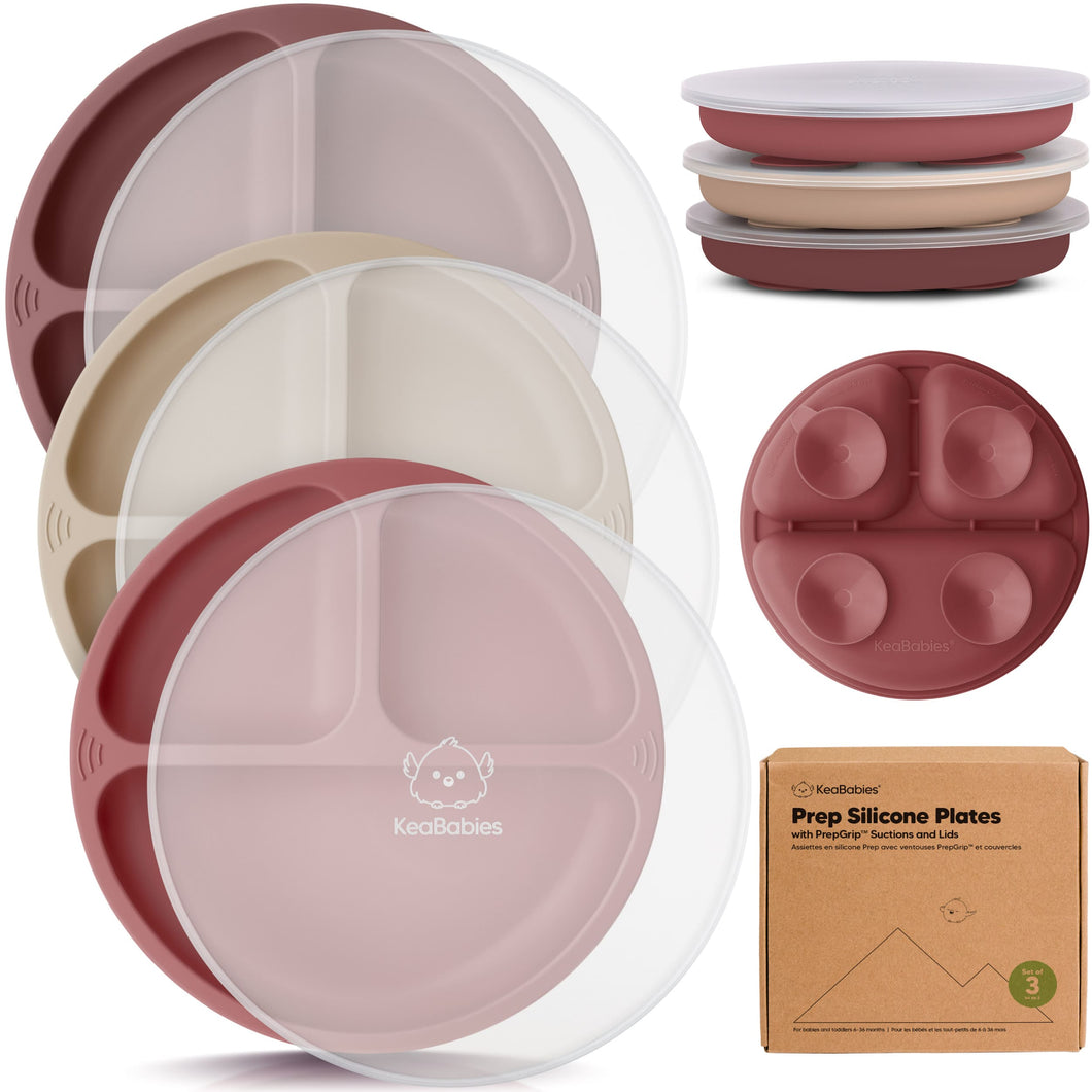 3-Pack Prep Silicone Suction Plates with Lids (Burgundy)