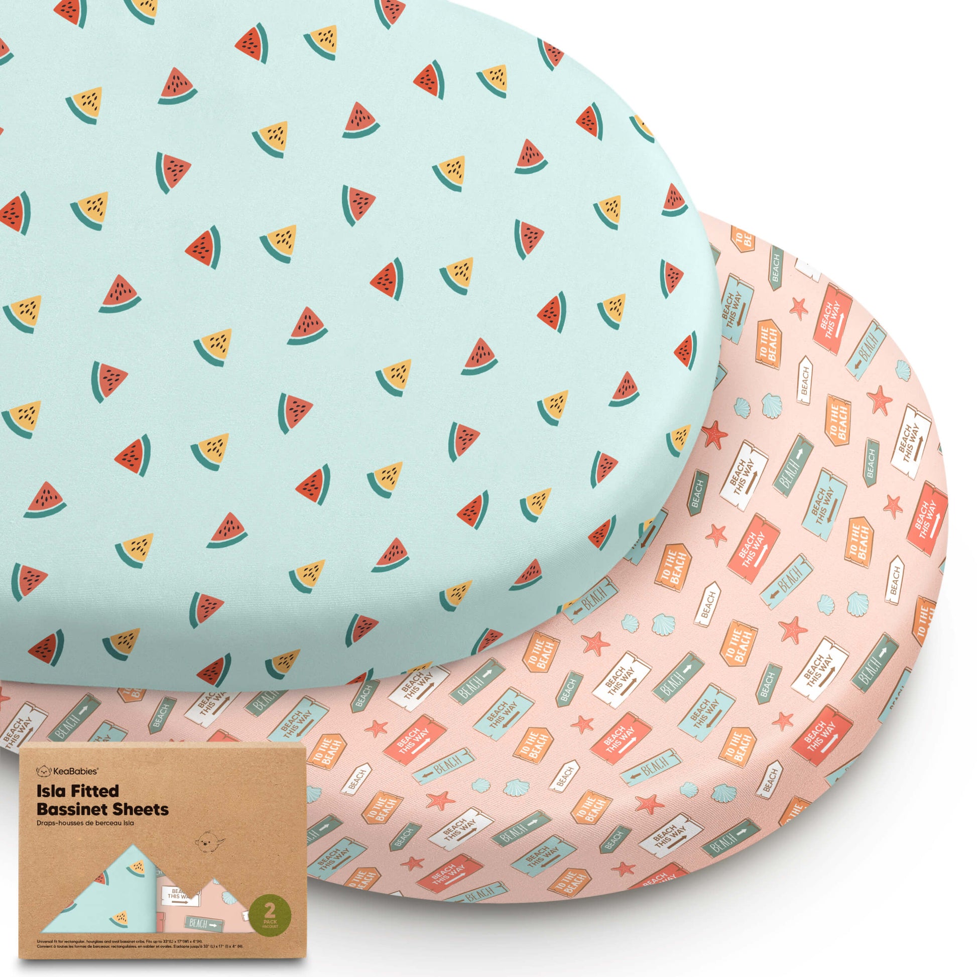 Two fitted bassinet sheets in watermelon and playful icon prints with packaging 28385869365434