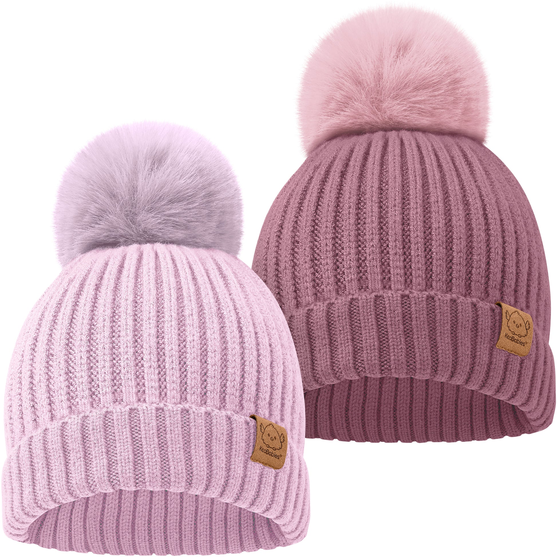 Stylish knitted baby beanies with fluffy pom-pom accents
 28176639459514