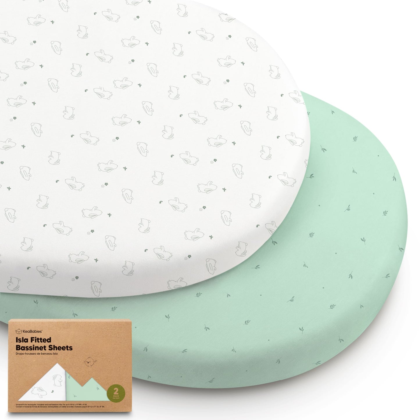 Two fitted bassinet sheets in bunny and soft green prints with packaging 28688406249658