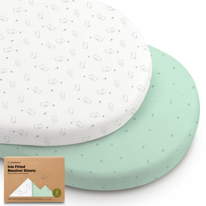 Two fitted bassinet sheets in bunny and soft green prints with packaging 28688406249658