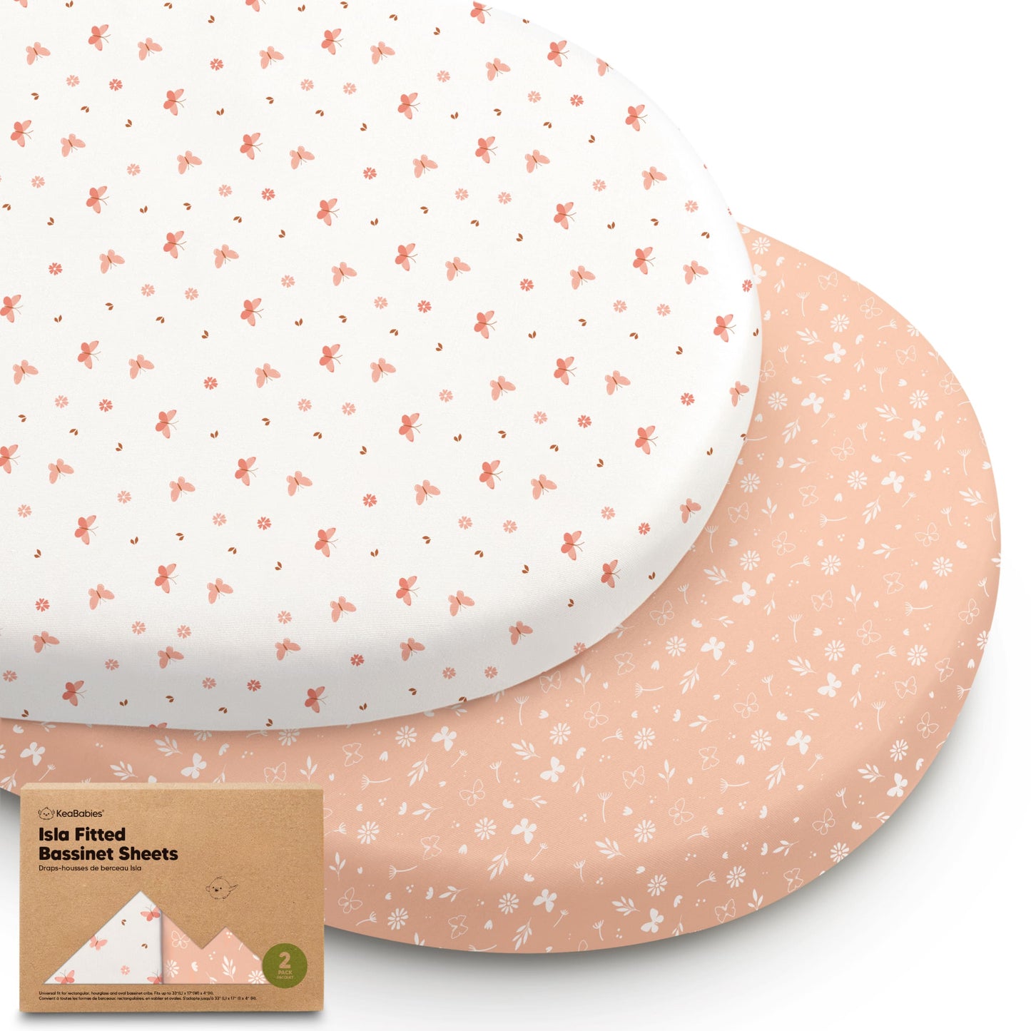 Two fitted bassinet sheets in butterfly and floral prints with packaging 28688405856442