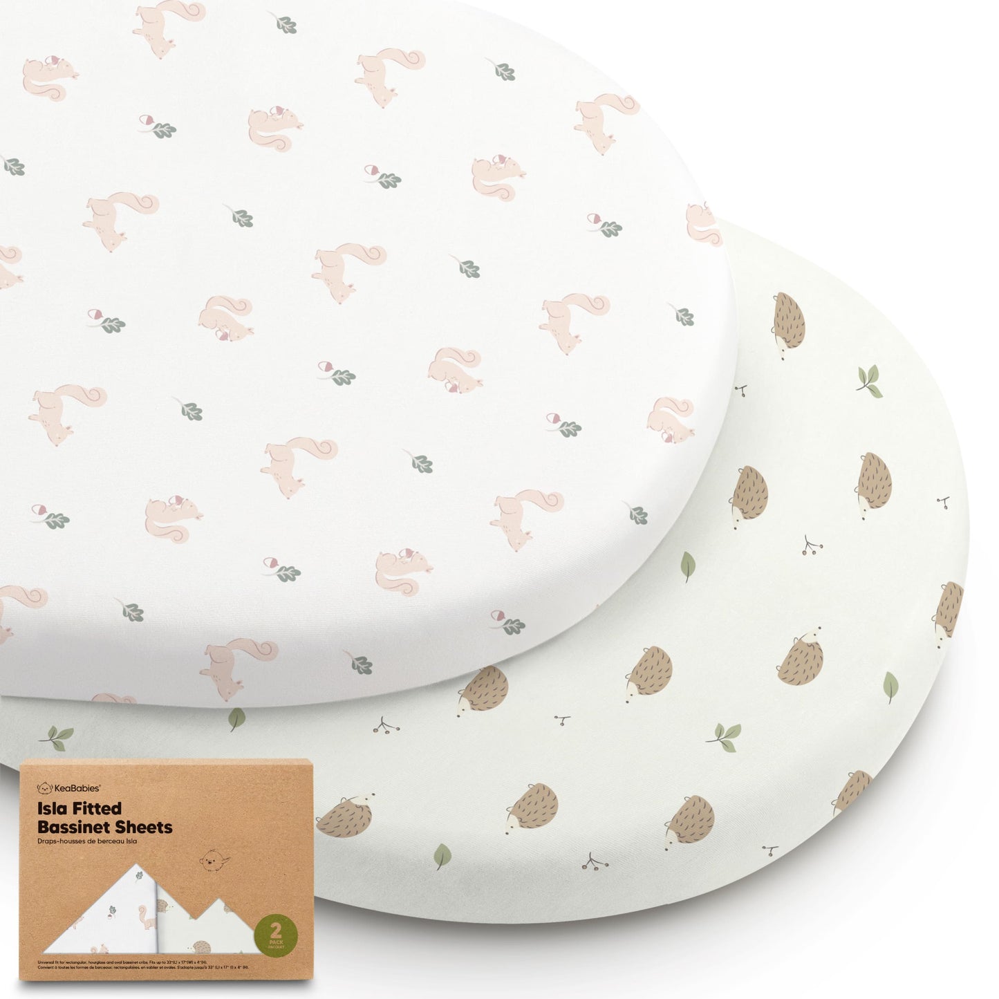 Two fitted bassinet sheets in squirrel and hedgehog prints with packaging 28688421257402
