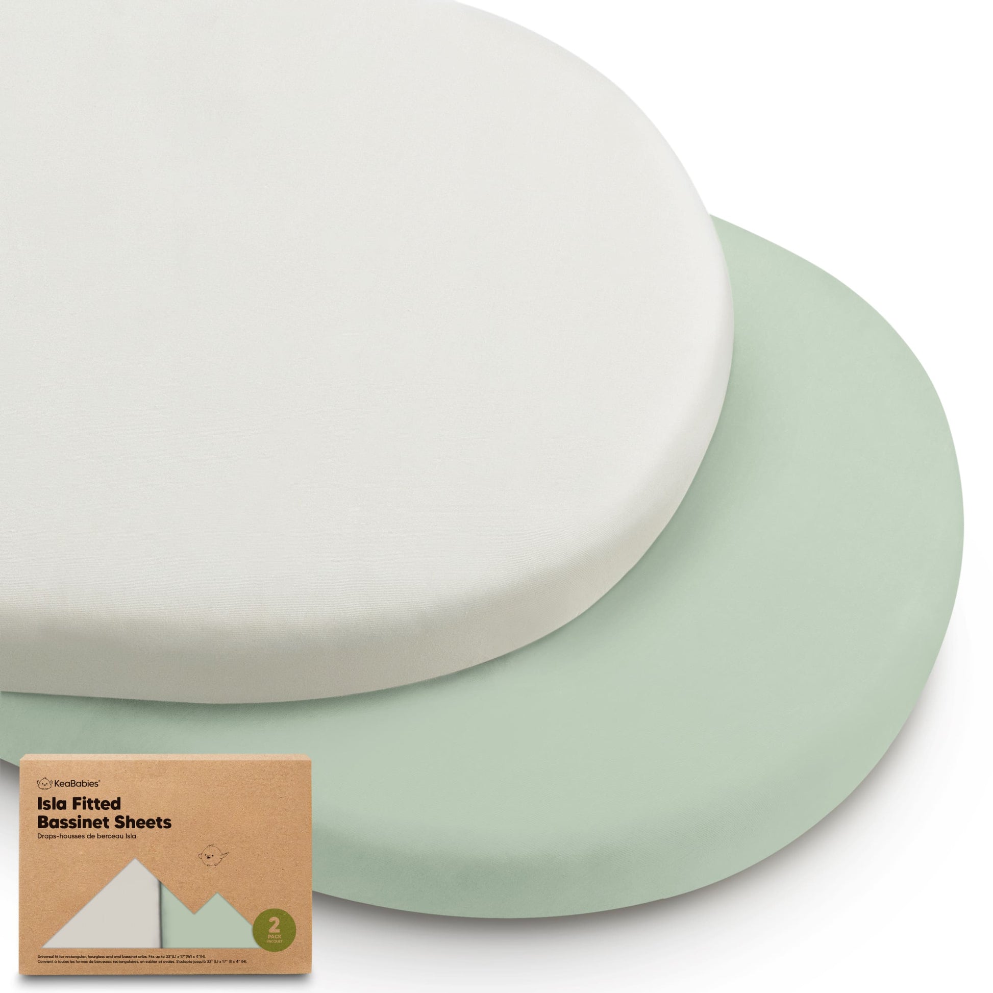 Two fitted bassinet sheets in solid ivory and soft green tones with packaging 28688422011066