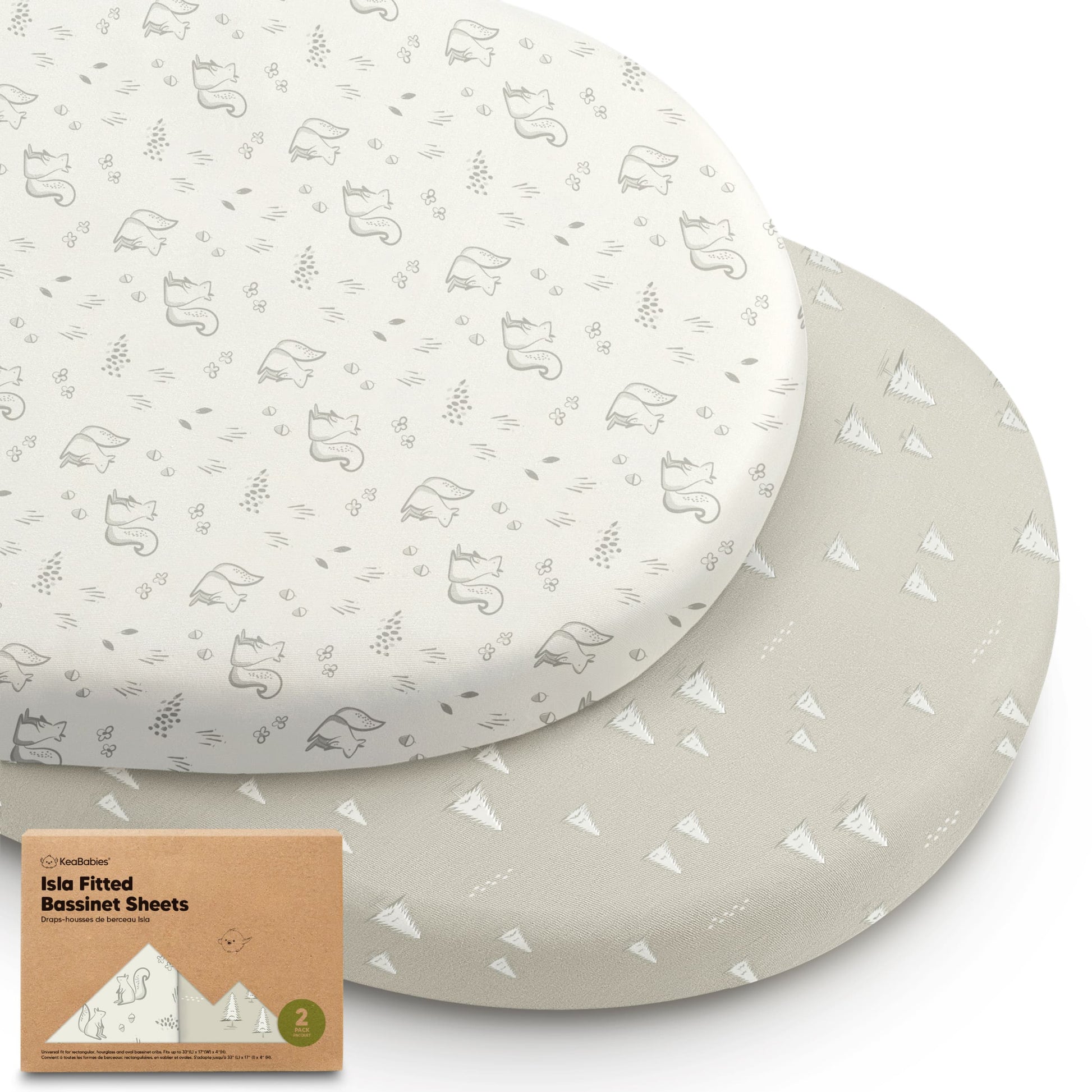 Two fitted bassinet sheets in fox and triangle prints with packaging 28688428302522