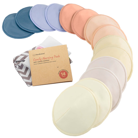 14-Pack Reusable Comfy Nursing Pads Set featuring soft, washable bamboo pads with a sustainable kraft box.