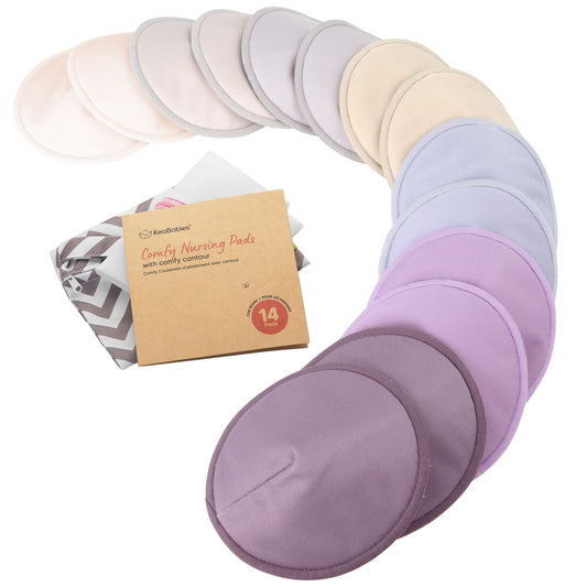 14-Pack Reusable Comfy Nursing Pads Set featuring soft, washable bamboo pads with a sustainable kraft box.