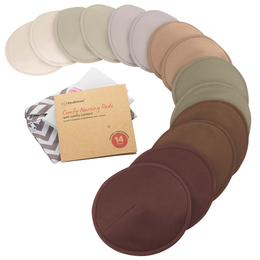 14-Pack Reusable Comfy Nursing Pads Set featuring soft, washable bamboo pads with a sustainable kraft box.