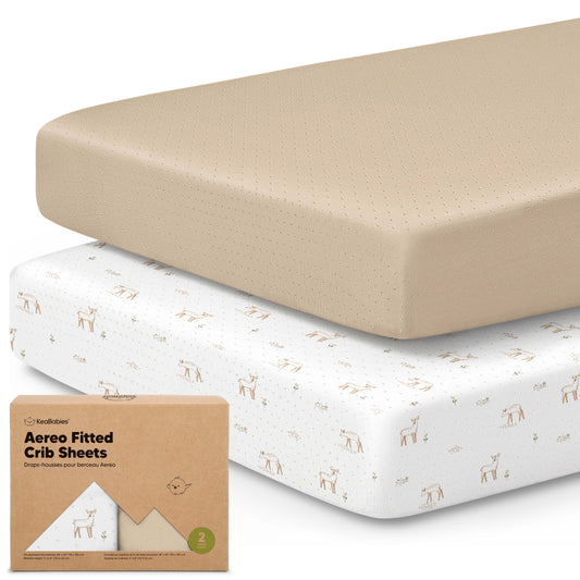 2-Pack Aereo Fitted Crib Sheets with soft, breathable fabric, snug fit for everyday crib use.
