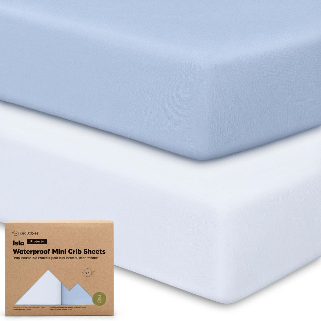 2-Pack Isla [Protect+] Waterproof Mini Crib Sheets (Blue Flax)