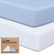 Load image into Gallery viewer, 2-Pack Soothe [Protect+] Waterproof Mini Crib Sheets (Blue Flax)
