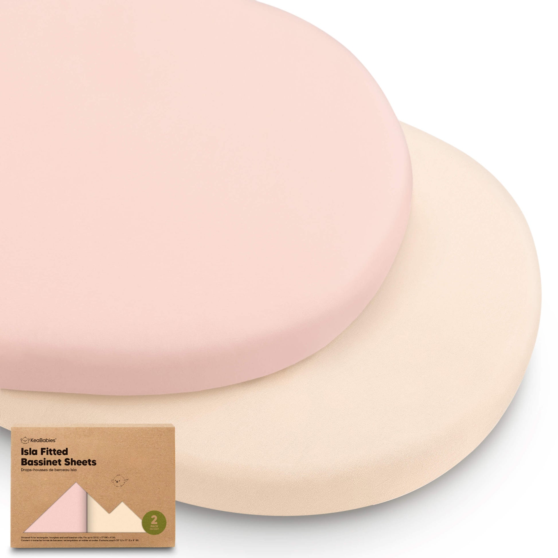 Two baby bassinet sheets, one pink and one beige, with a cardboard packaging box featuring product images on a white background. 31308067963066