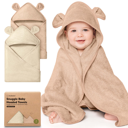 Snuggle baby hooded towels, 2-pack soft plush towels with bear-ear hoods.
