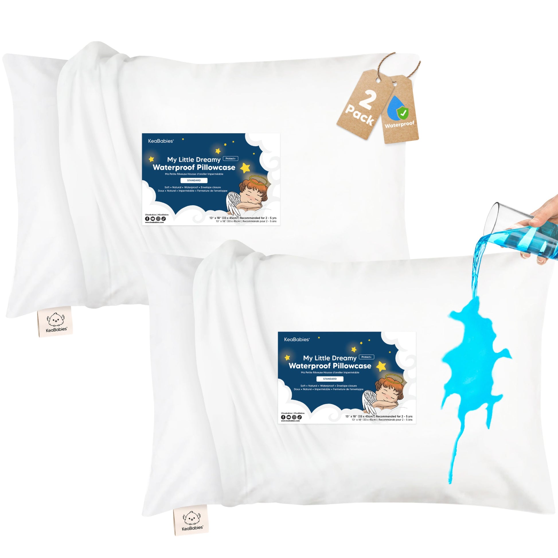 Protect+ waterproof pillowcases, 2-pack, featuring a soft cotton surface with reliable spill-proof protection. 30765801078970