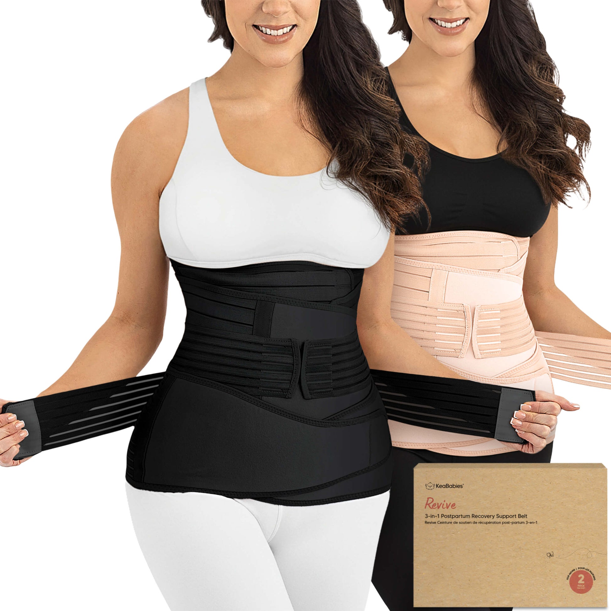Two women wearing waist support belts with a visible product box on a white background 31316950974650
