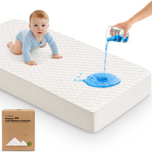 Load image into Gallery viewer, Waterproof crib mattress protector preventing spills and leaks for dry, protected baby sleep.
