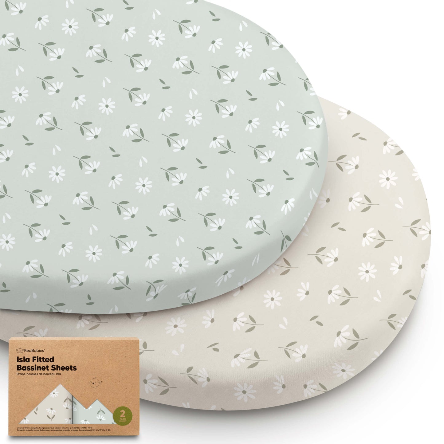 Two fitted bassinet sheets with floral patterns and a cardboard packaging box on a white background. 31308944081082