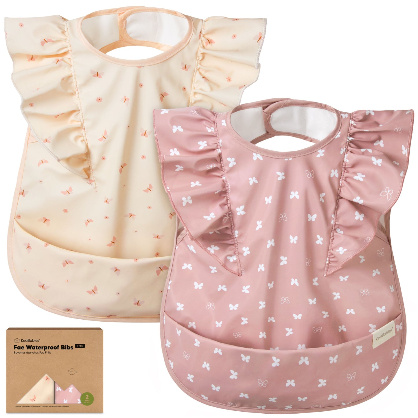 Fae waterproof bibs available in a 2-pack.
 31118470873274