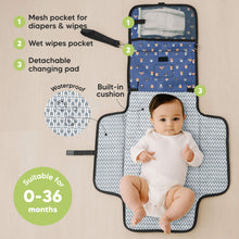 Load image into Gallery viewer, Suitable for 0-36 months - Mesh pocket for diapers &amp; wipes, Wet wipes pocket, Detachable changing pad, Built-in cushion, and Waterproof

