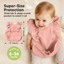 Load image into Gallery viewer, Super-Size Protect ion
Wide bib &amp; deep crumb
pocket to catch it all 
Suitable for 6-36 months 
14" (36cm) x 12"(30cm) 
