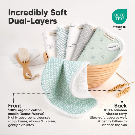 Incredibly Soft Dual-Layers
Front - 100% organic muslin (Dense-Weave
Back - 100% bamboo viscose terry-on-hover