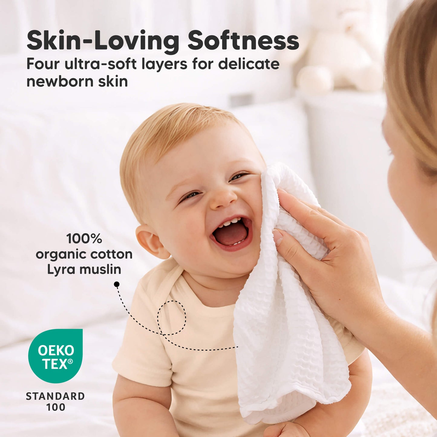 Skin-Loving Softness - Four ultra-soft layers for delicate newborn skin (100% organic cotton Lyra muslin) OEKO TEX STANDARD 100 31810003009722