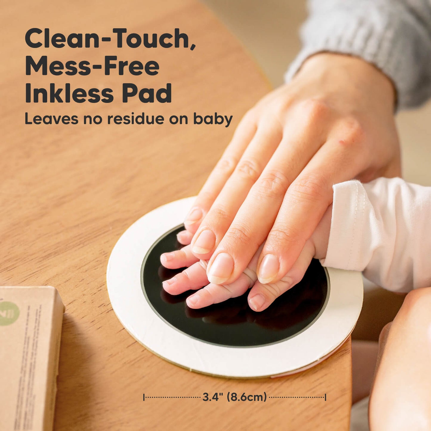 Clean-Touch Mess-Free Inkless Pad leaves no residue on baby and measures about 3.4 inches (8.6 cm).
 26180701618362