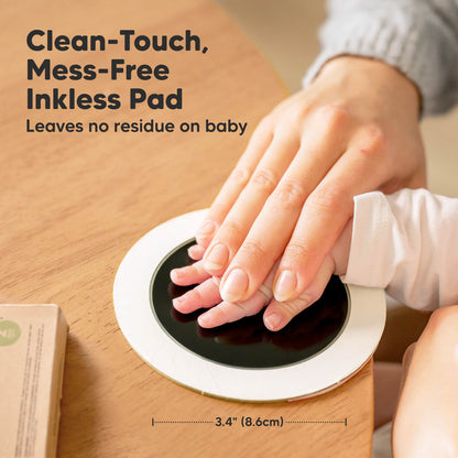 Clean-Touch Mess-Free Inkless Pad leaves no residue on baby and measures about 3.4 inches (8.6 cm).
 26180701618362