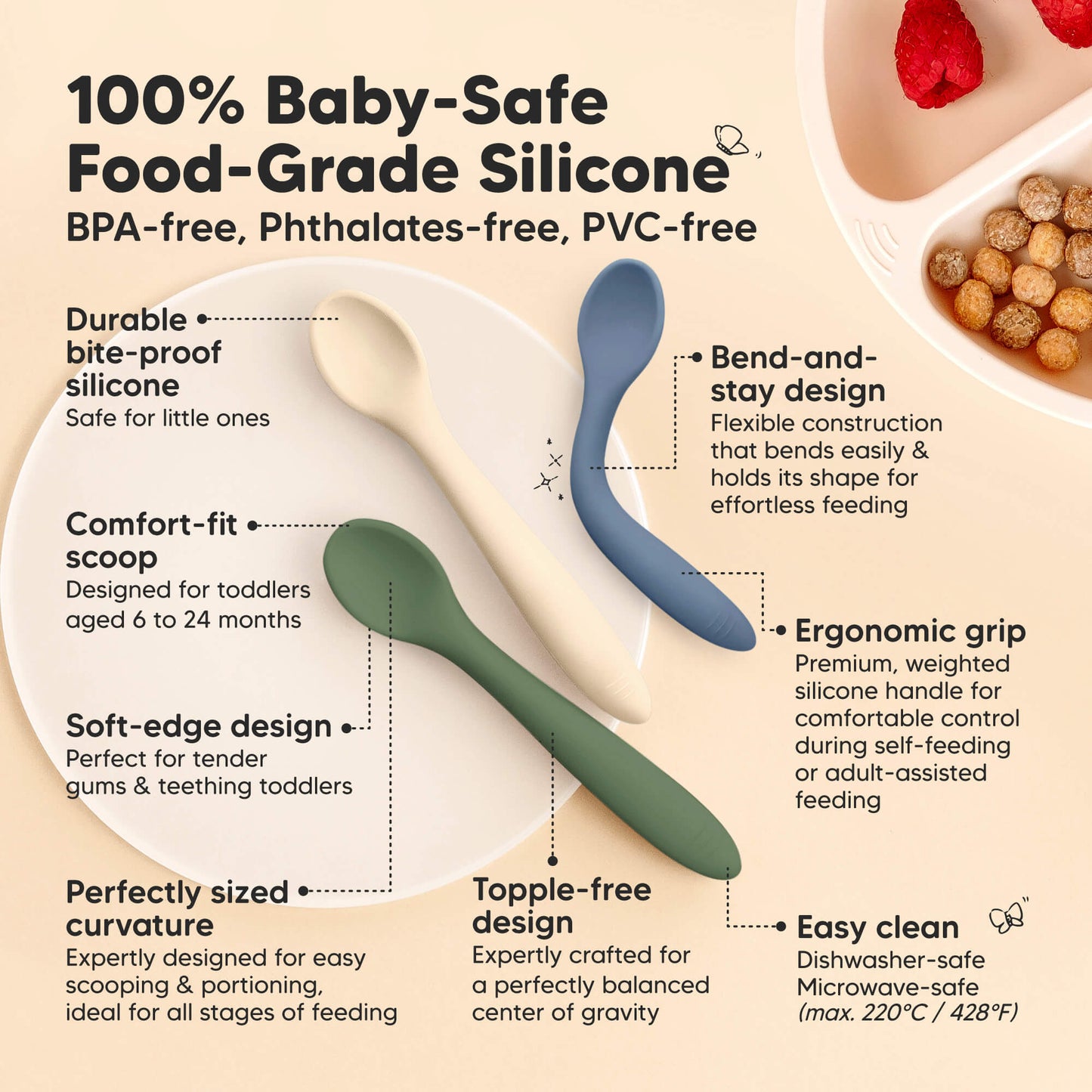 100% Baby-Safe Food-Grade Silicone, BPA-free, phthalates-free, PVC-free, durable yet soft, comfort-fit scoop, soft-edge design, perfectly sized for easy portion feeding, bend-and-stay flexibility, ergonomic grip handle, easy to clean, dishwasher-safe, microwave-safe, freezer-safe. 28965942526138