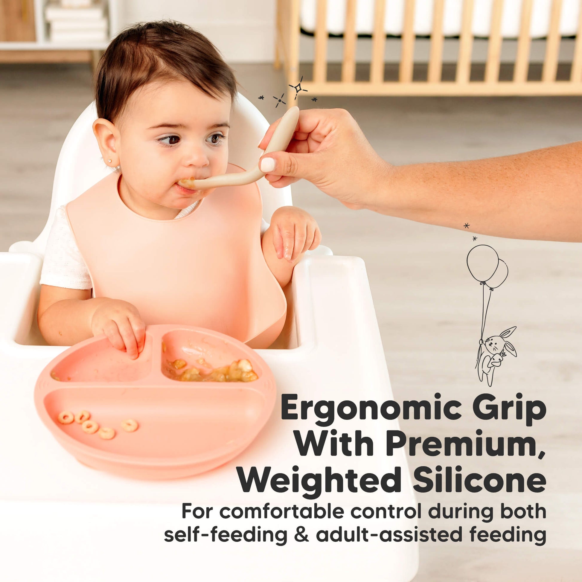 Ergonomic Grip With Premium Weighted Silicone, for comfortable control during both self-feeding and adult-assisted feeding. 28965942624442