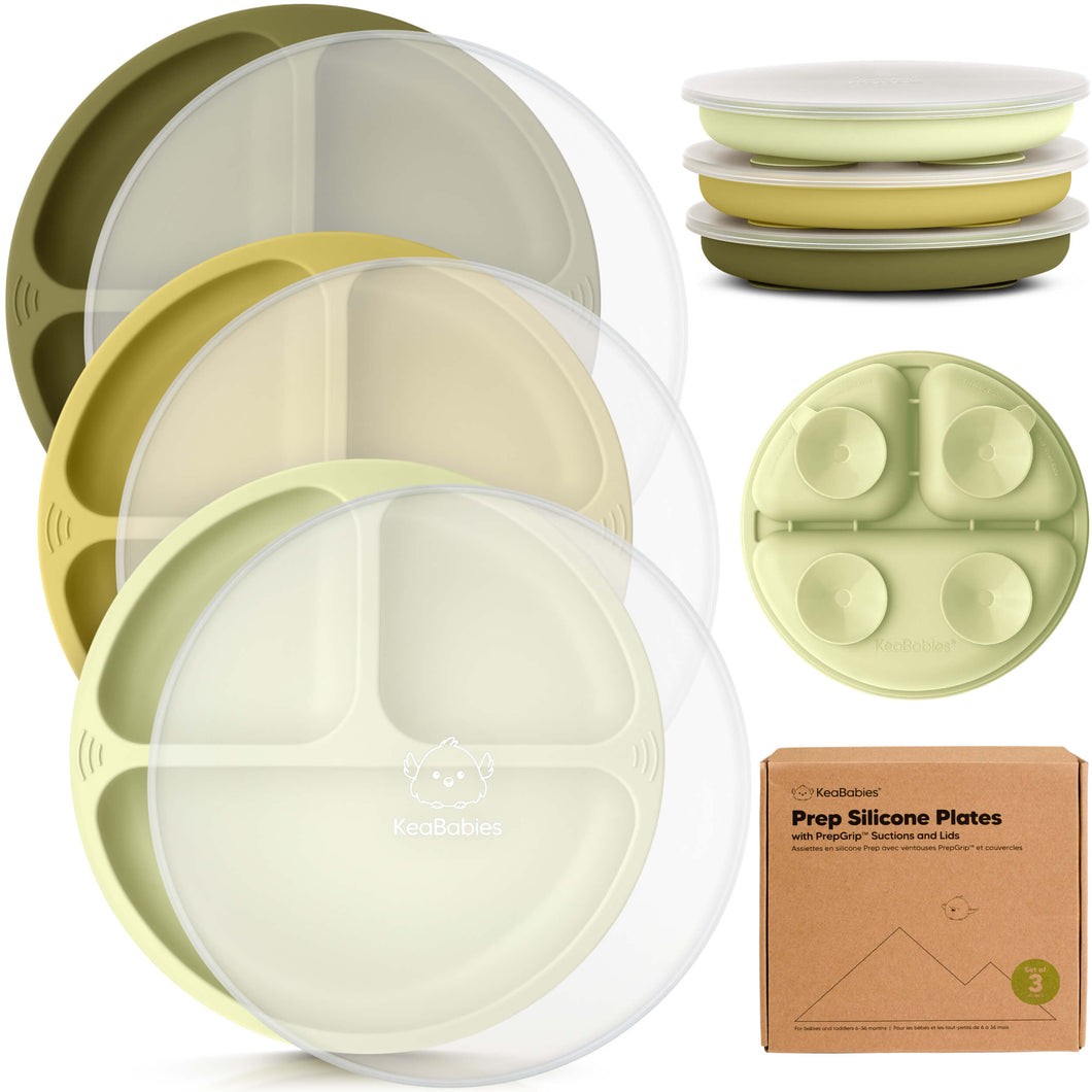 3-Pack Prep Silicone Suction Plates with Lids (Olives)