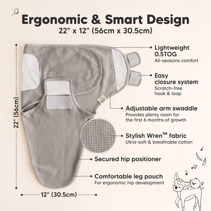 Ergonomic & Smart Design, measures 22 × 12 in (56 × 30.5 cm), lightweight 0.5 TOG for all-season comfort, easy scratch-free hook & loop closure, adjustable arm swaddle, secured hip positioner, and comfortable leg pouch for ergonomic hip development.
 29475738222778