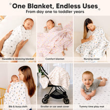 Load image into Gallery viewer, One Blanket, Endless Uses - From day one to toddler years. Can be used for Swaddle &amp; receiving blanket, Comfort blanket, Nursing cover
Bib &amp; burp cloth, Stroller or car seat cover, Tummy time play mat
