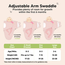 Load image into Gallery viewer, Adjustable Arm Swaddle
Provides plenty of room for growth within the first 6 months

X-Small (Premie)
Age 0-3 Months
Weight in lbs - Fits up to lbs
Height in inches - 17 to 23

One Size
Age 0-3 Months
Weight in lbs - 7 to 15
Height in inches - 19 to 25

Large
Age 3-6 Months
Weight in lbs - 15 to 20
Height in inches - 23 to 28

*Size chart refers to baby measurements &amp; is for guidance only.
